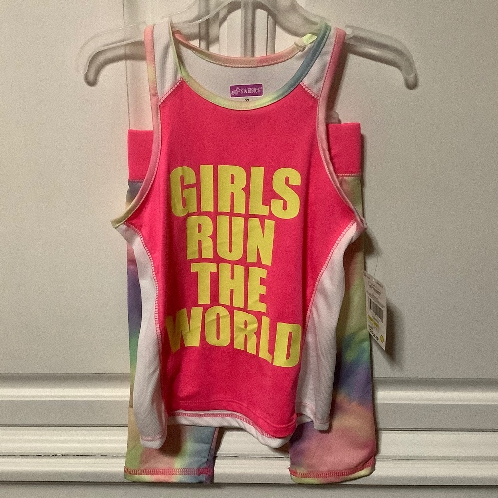 NWT Girls 3T 2 pc set, girls run the world, tie dye, Swiggles
